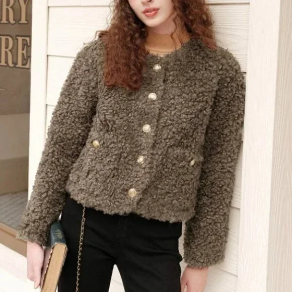 Brown Teddy faux fur Button Down with Pockets  Jacket Coat - Picture 3 of 7